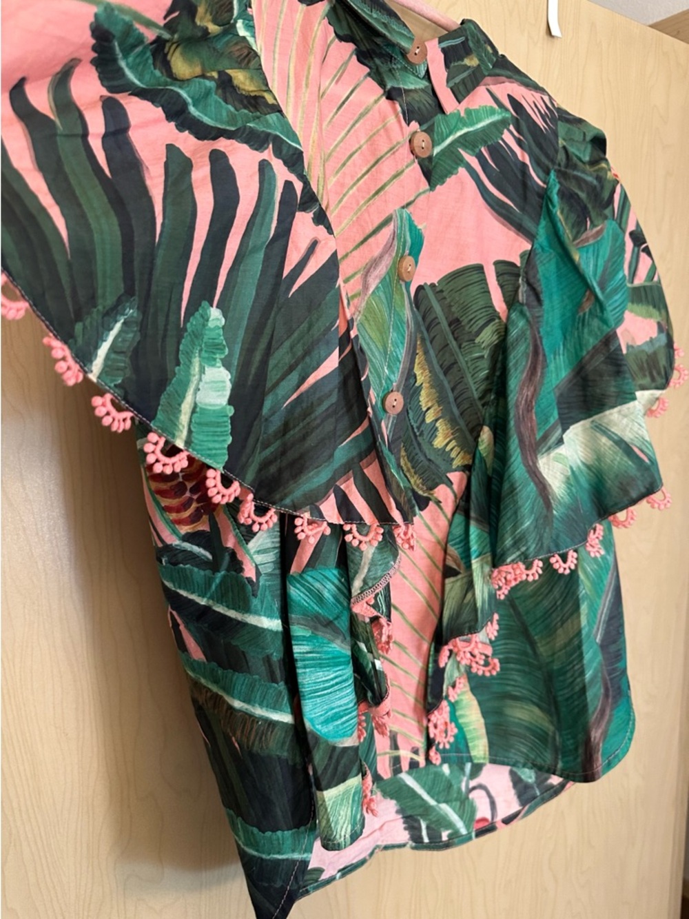 FARM Rio Pink and Green Tropical Leaf Ruffle Blouse - Picture 4 of 10
